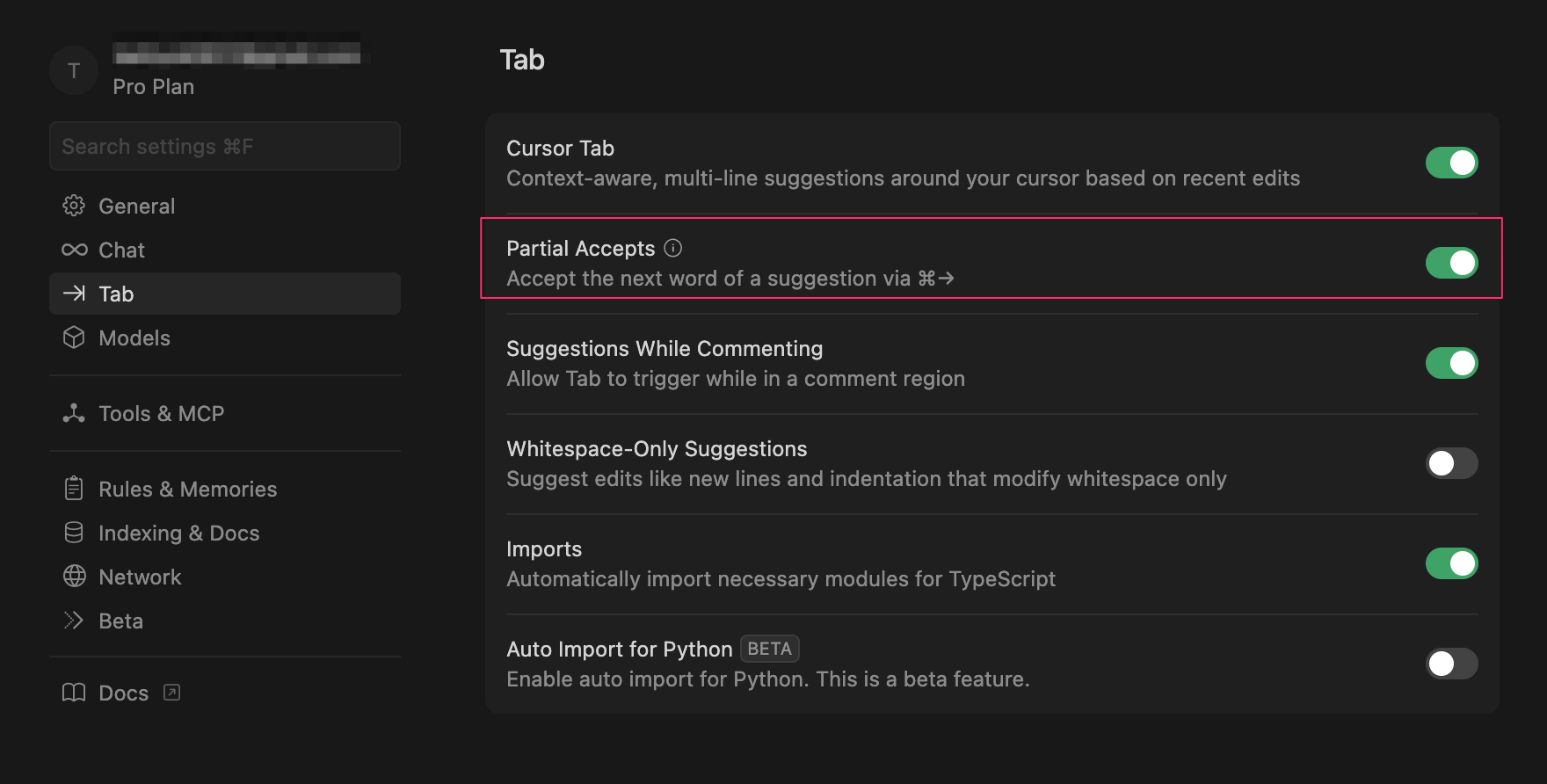 Cursor 코드제안 한 단어씩 적용 설정 하기